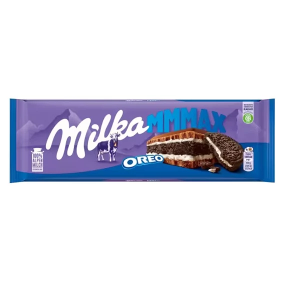 Milka Mmmax Oreo alpesi tejcsokoládé vanília ízű tejes krémtöltelékkel és kakaós keksszel 300 g