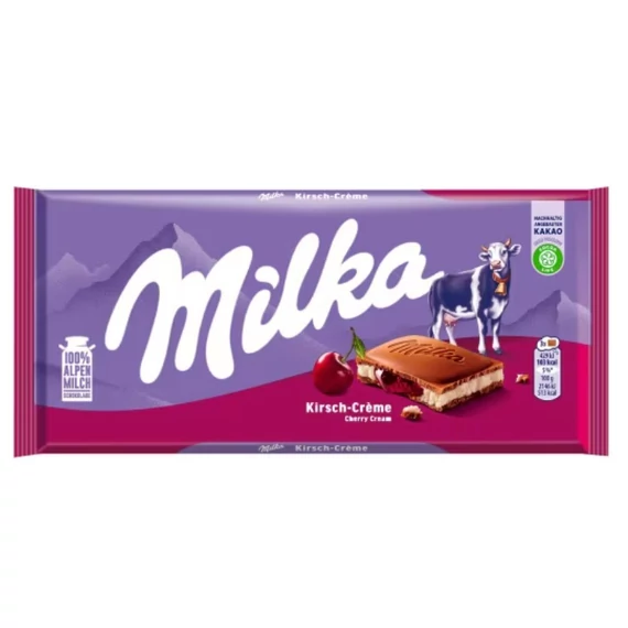 Milka alpesi tejcsokoládé meggyízű tejes krémtöltelékkel és meggyes gyümölcskrémmel 100 g