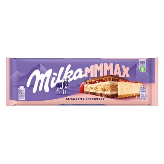 Milka alpesi tejcsokoládé sajttortaízű krémtöltelékkel, epres töltelékkel és keksszel 300 g