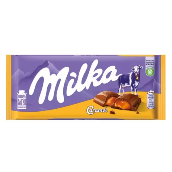 Milka alpesi tej felhasználásával készült tejcsokoládé karamellás töltelékkel 100 g