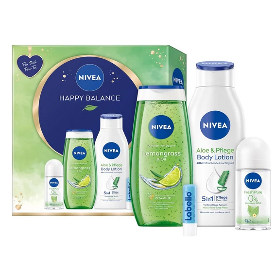 Nivea ajándékcsomag Happy Balance tusfürdő 250ml+testápoló 400ml+roll on 50ml+labello